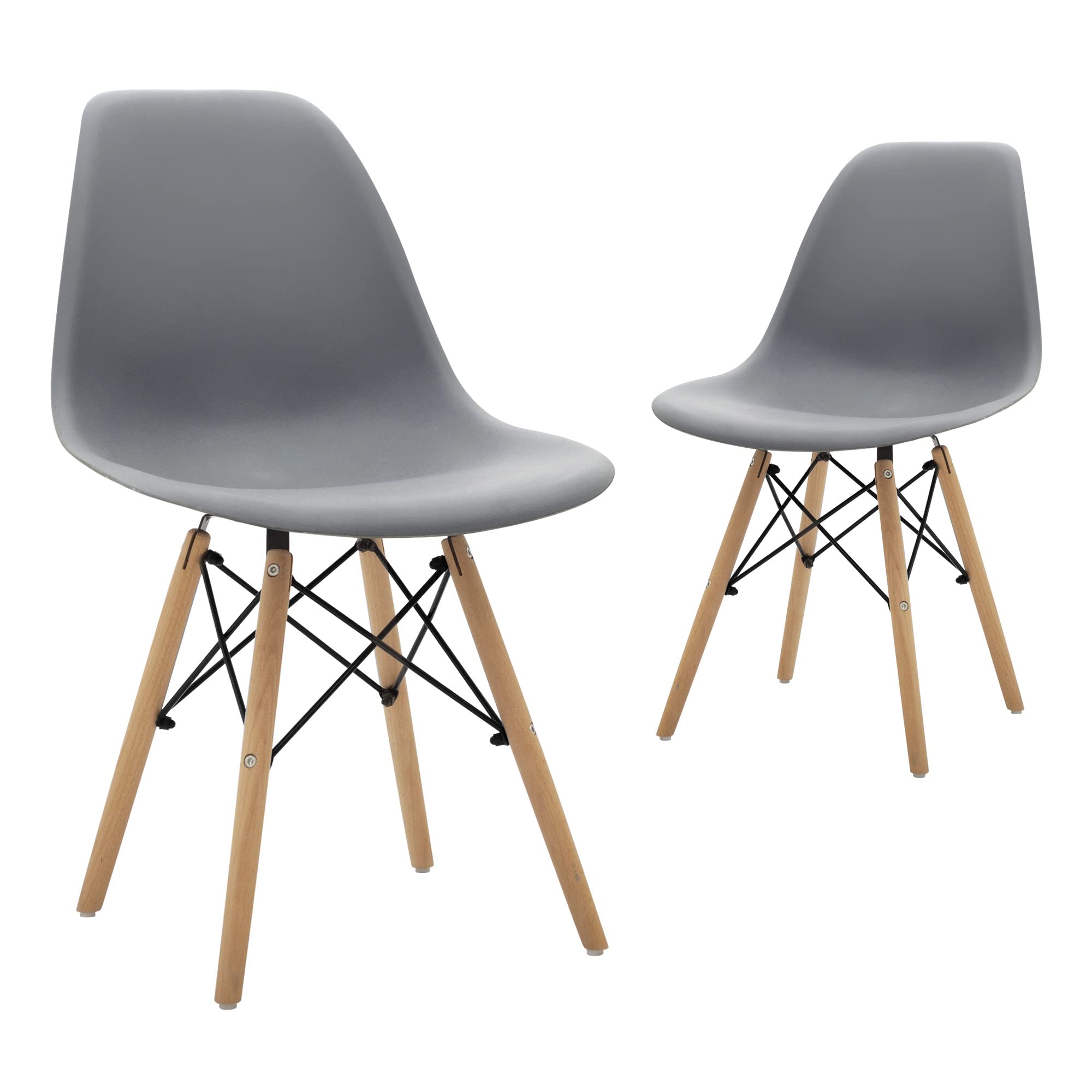 Mid-Century Modern Shell Lounge Chairs with Natural Wooden Legs - Set of 2, Gray - Perfect for Kitchen, Dining Room, Bedroom or Living Room Accent Seating