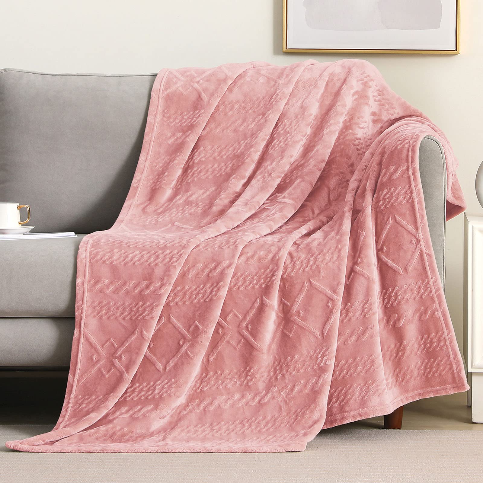 Exclusive Soft Throw Blanket 50x60 Inches - Cozy Fuzzy Fleece Blanket with Geometric Pattern - Pink Plush Blanket for Couch, Sofa, Bed & Home Decor - Perfect for Living Room, Bedroom & Gift Giving