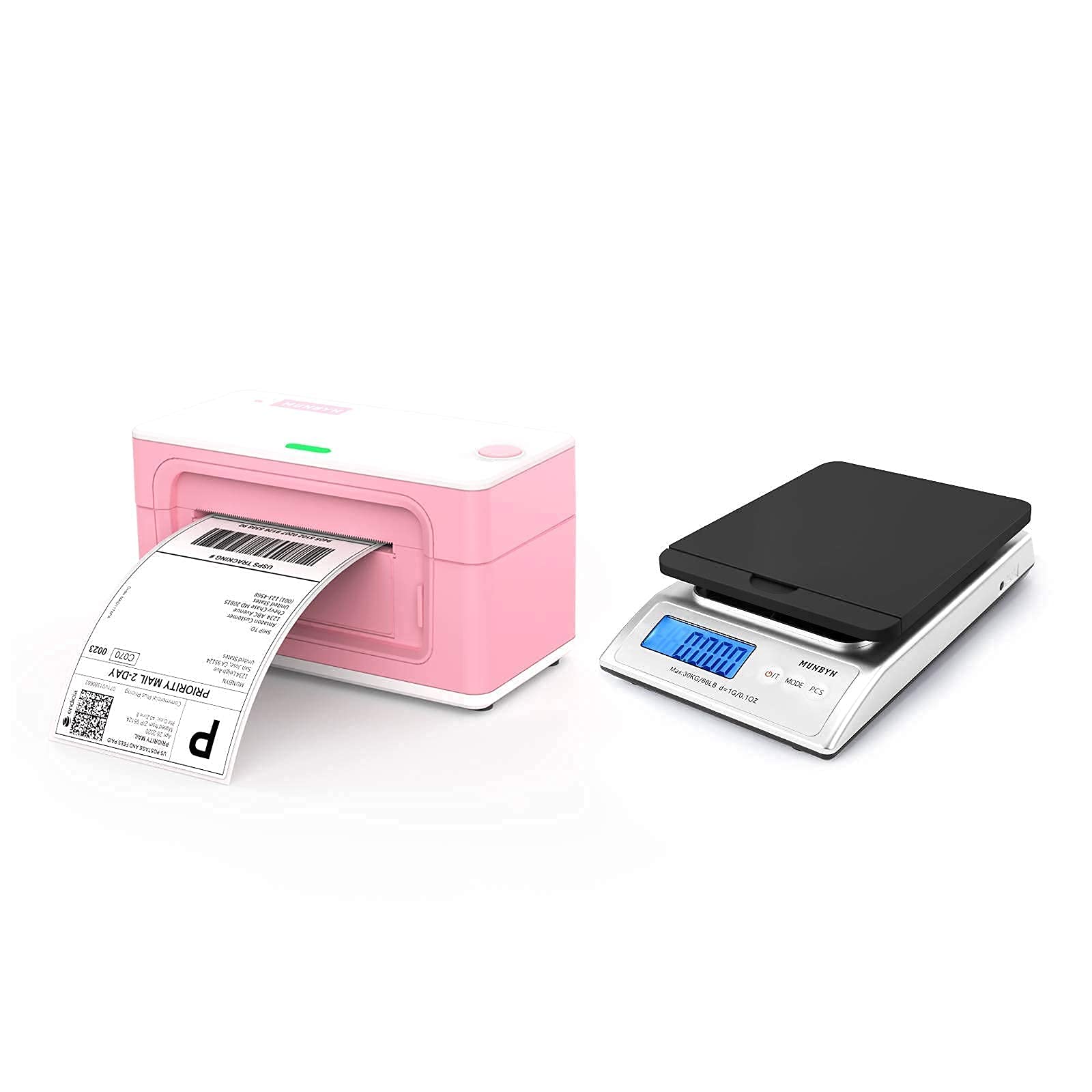 MUNBYN [Upgraded 2.0] Pink Shipping Label Printer & 66lb Digital Postal Scale with Hold/Tear Function - Perfect for E-commerce, Amazon FBA & USPS Shipping Labels