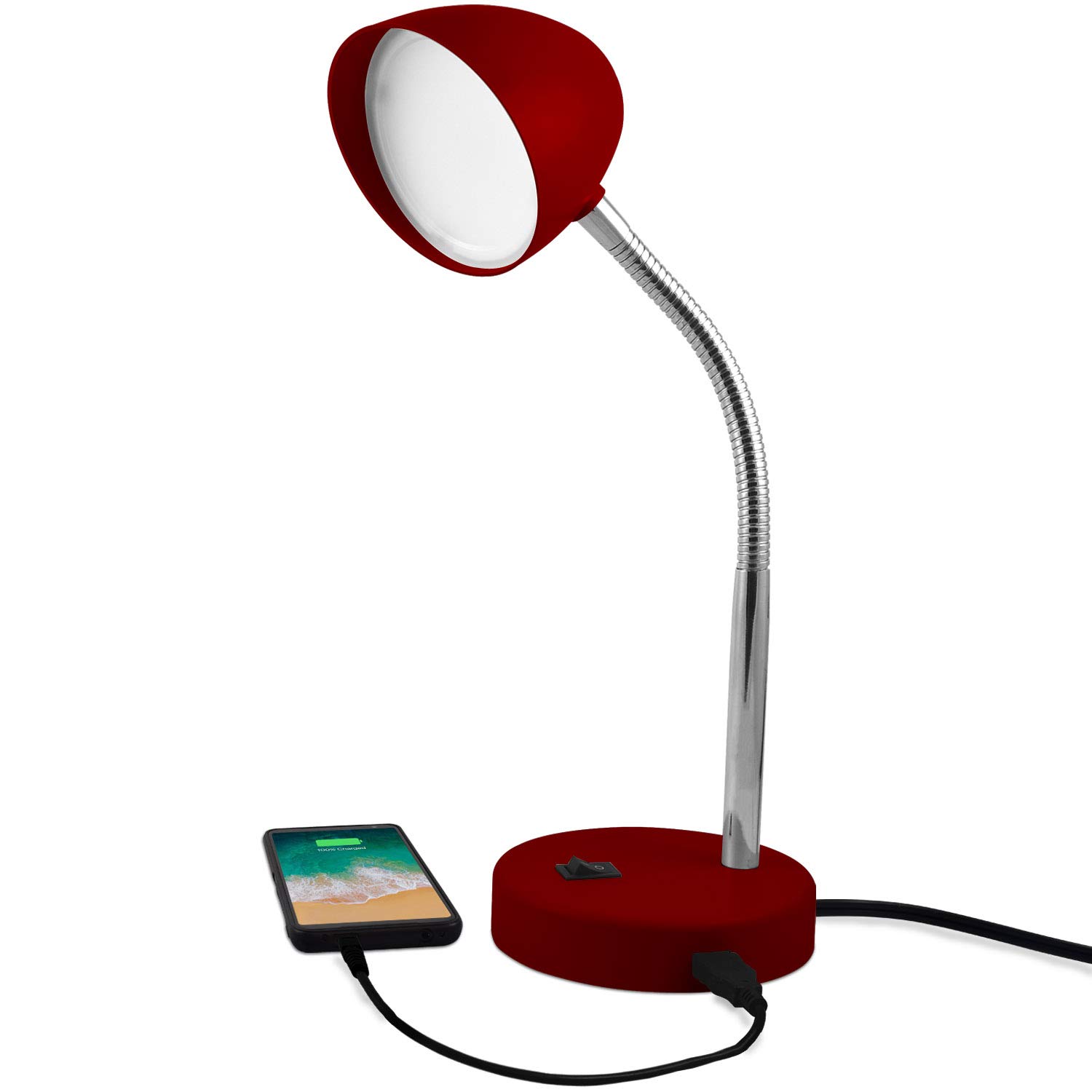 MaxLite LED Desk Lamp with USB Charging Port - Adjustable Neck Burgundy Study Lamp, Modern Table Light for Reading, Office & School Work - Warm Gentle Eye-Caring Light | Perfect for Home Office, Dorm Room & Nighttime Studying