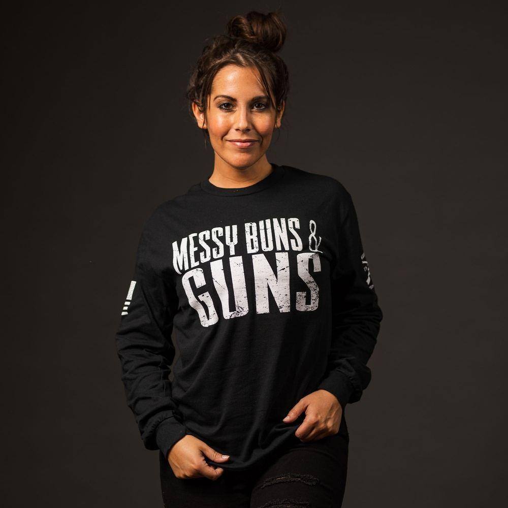 Women's Messy Buns & Guns Long Sleeve T-Shirt - Black | Gym Workout & Casual Wear