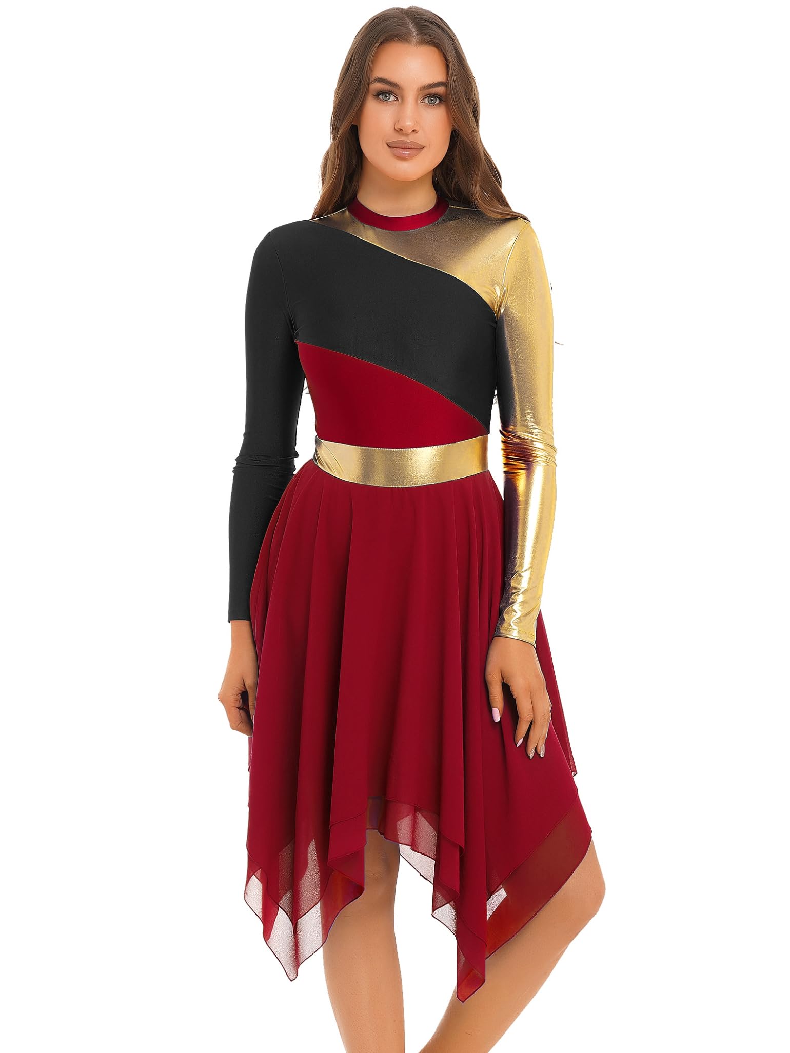 Women's Metallic Block Lyrical Praise Dance Tunic - Long Sleeve Bell Liturgical Worship Dance Dress Costume for Church Performances & Christian Dance Events