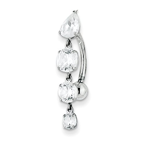10K White Gold Belly Button Ring with 4 Dangling CZ Stones - Elegant Navel Piercing Jewelry for Women, Perfect for Parties, Beach & Everyday Wear