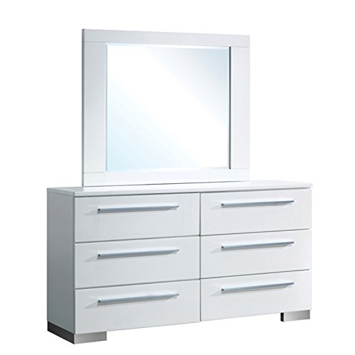 BOWERY HILL Contemporary Glossy White Wood 6-Drawer Dresser with Mirror - Modern Bedroom Furniture for Home Organization & Storage