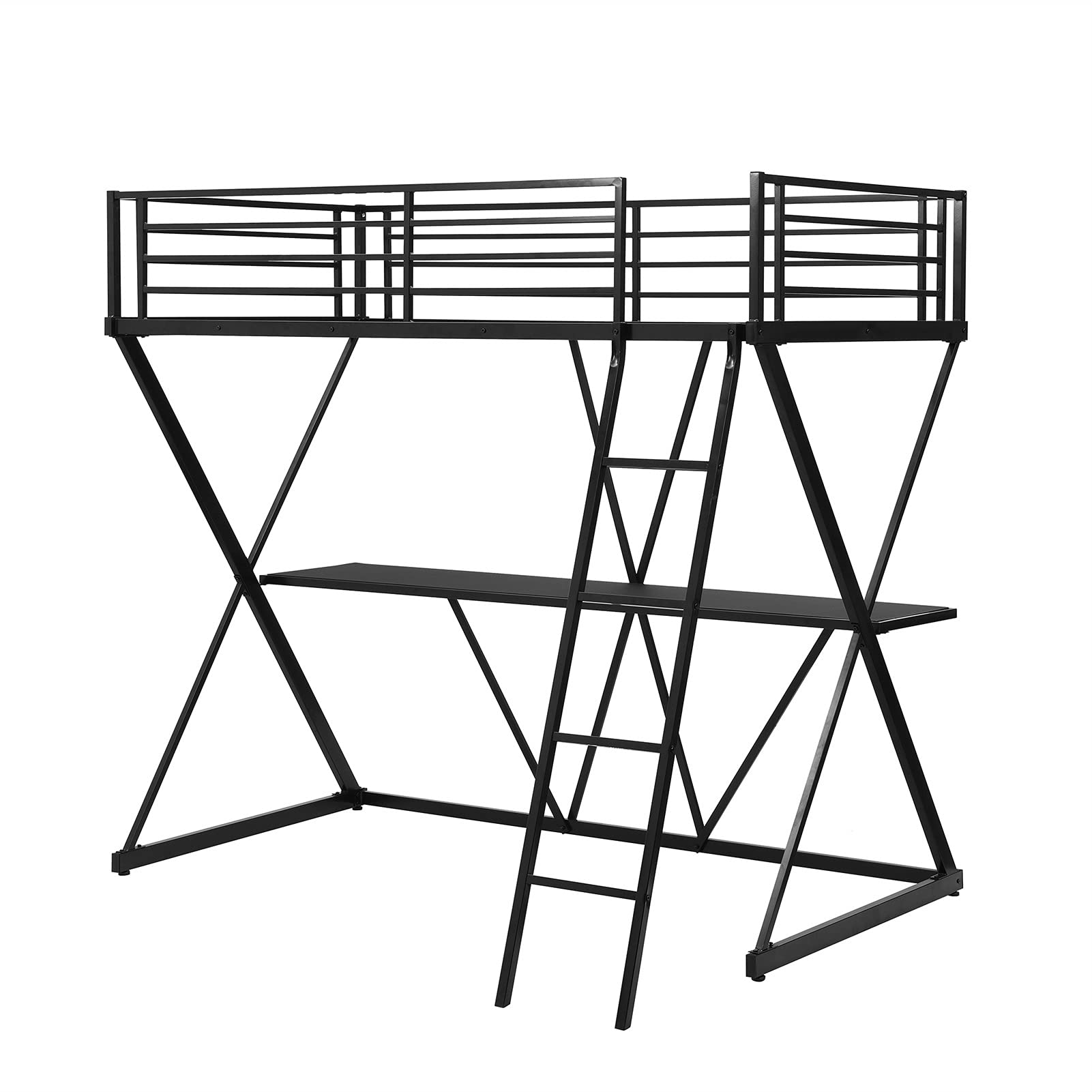 WHNB Twin Size Metal Loft Bed Frame with Ladder, Full-Length Guardrails & Built-in Desk - Black | Space-Saving Study & Sleep Solution for Kids & Teens