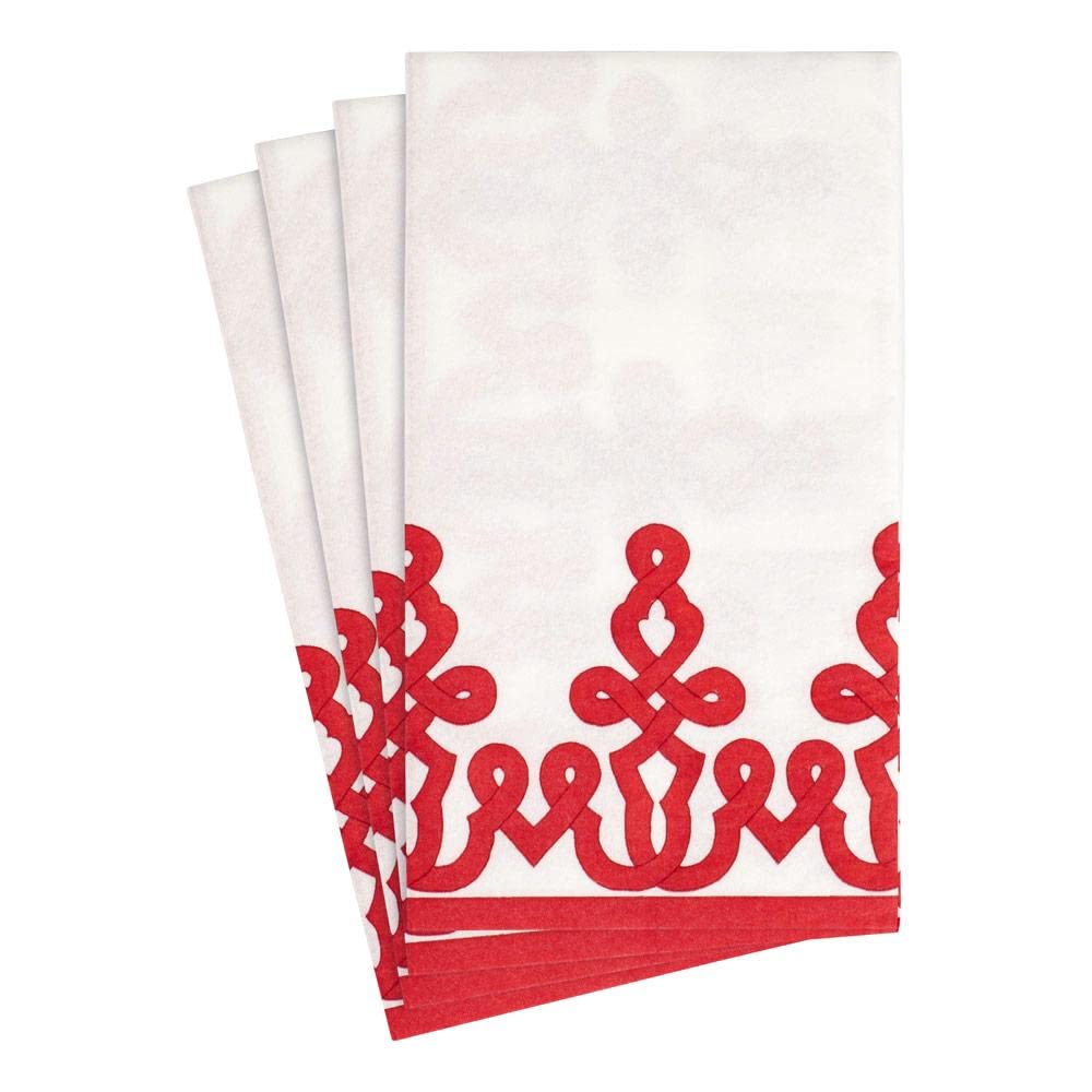 Premium Caspari Dessin Passementerie Red Linen Guest Towels & Napkins - Set of 12 | Elegant Table Setting for Dinner Parties, Weddings & Special Occasions