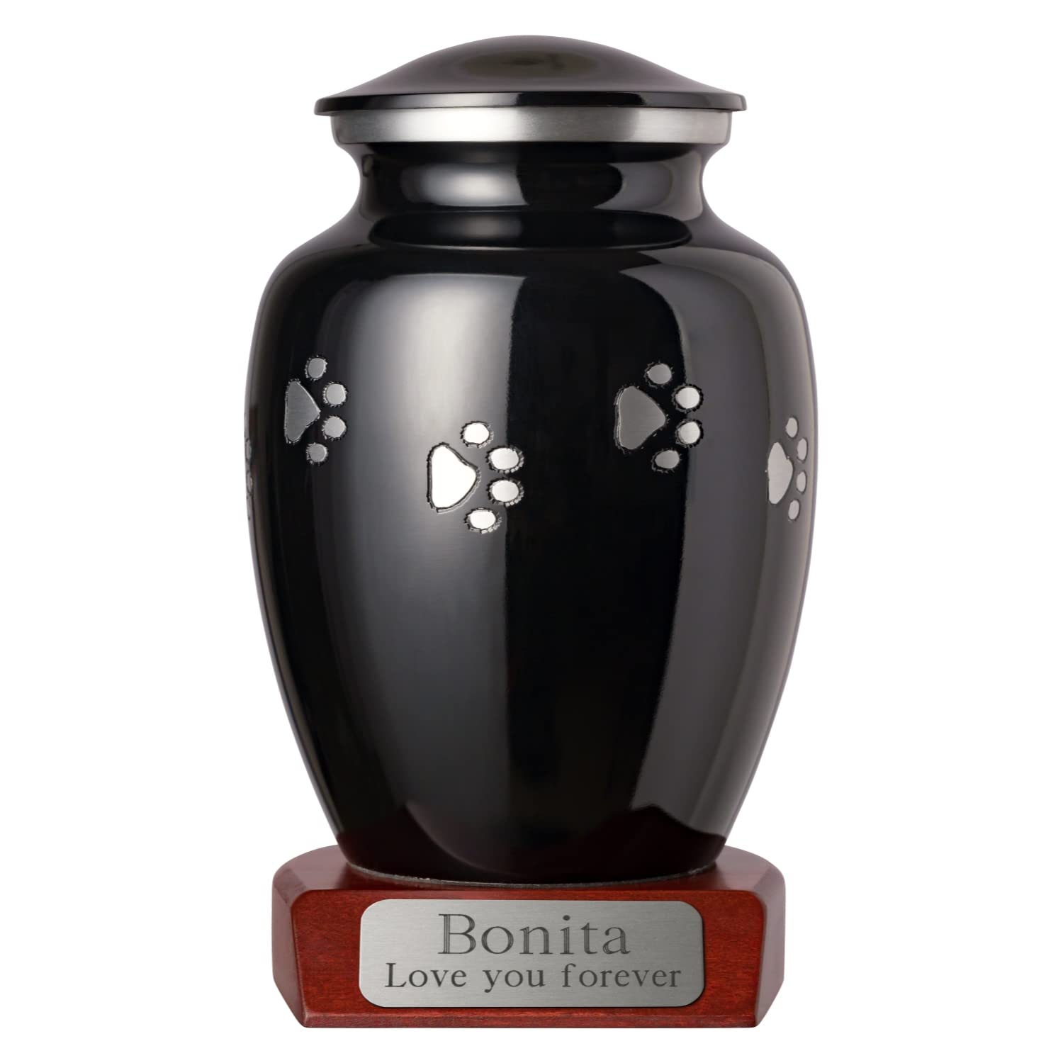 Ottillie Paws Tribute Series Small Pet Urn for Dogs and Cats - Ebony Finish, Horizontal Pewter Paws, Walnut Base, Silver/Black Plate - Perfect for Memorial Keepsakes and Home Display