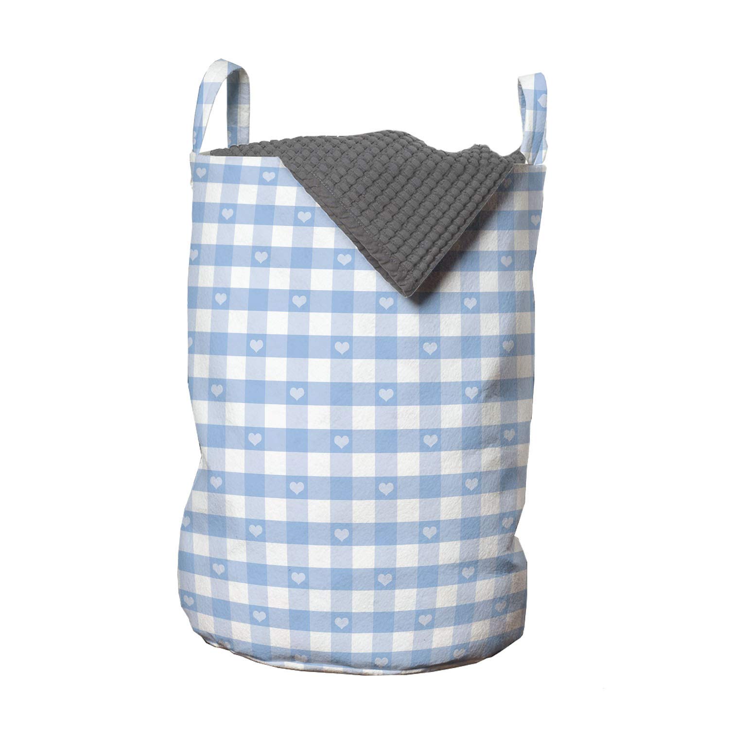 Ambesonne Checkered Laundry Bag with Gingham Hearts Pattern - Pastel Blue & White Hamper with Drawstring Closure & Handles (13