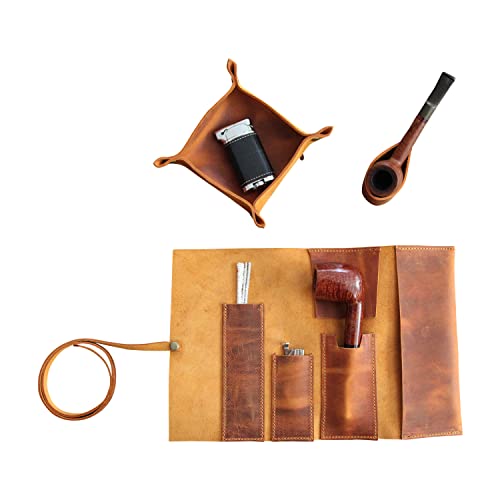 Handmade Leather Pipe Tobacco Pouch - Compact & Portable Pipe Roll-Up Bag for Travel - Camel Brown Tobacco Accessories for Pipe Smokers & Collectors