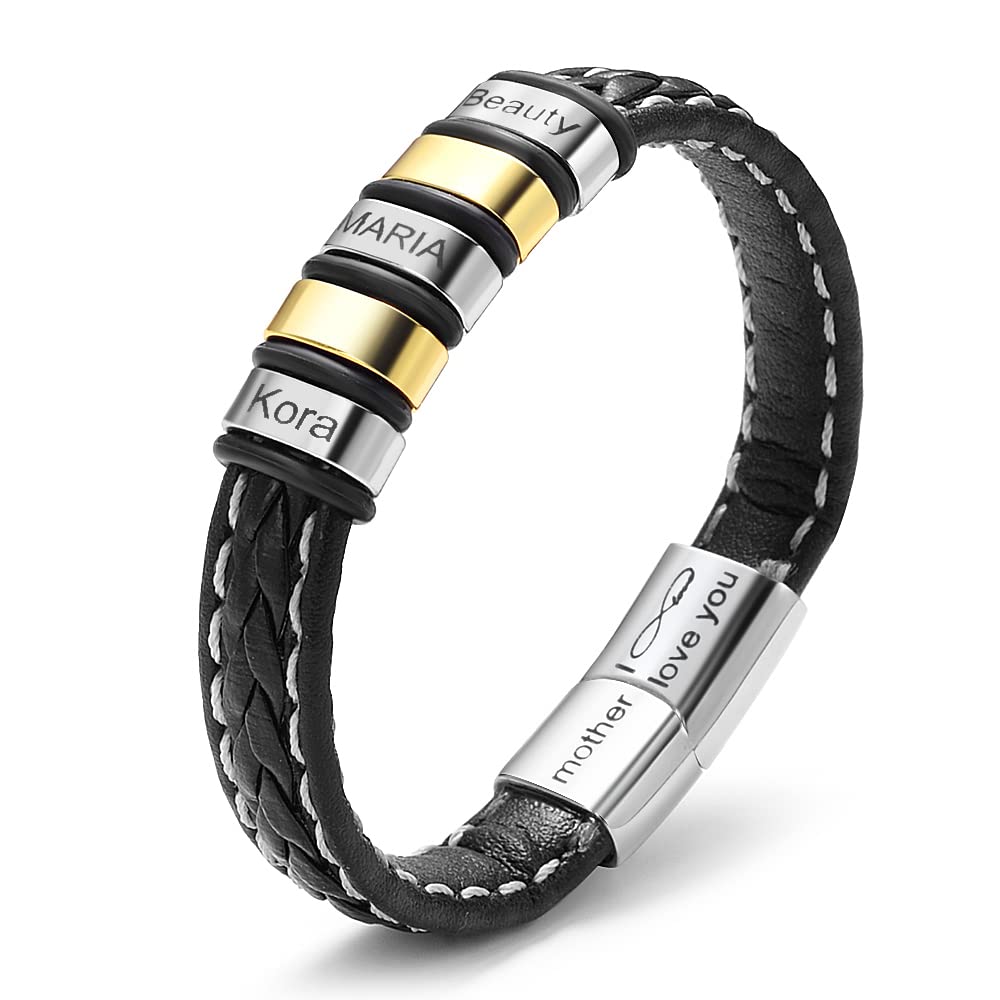 Custom Men's Name Bracelet - Black Leather Wide Wristband with Engraved Symbols & Stainless Steel Beads | Magnetic Safety Clasp | Personalized Gift for Him | Perfect for Anniversaries, Birthdays & Everyday Wear