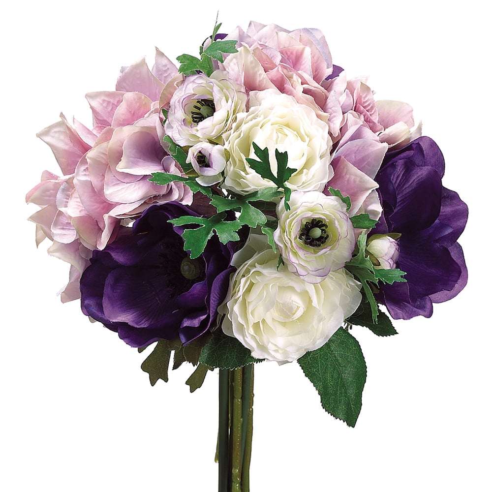 11 Hydrangea, Ranunculus & Anemone Silk Flower Bouquet - Purple/Lavender Artificial Flowers (Pack of 6) for Wedding Centerpieces, Home Decor & Party Arrangements