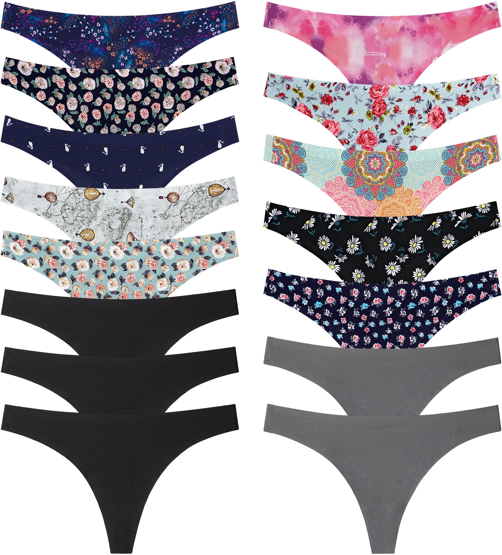 QOVOQ Seamless Thongs for Women - Breathable Cotton No Show Underwear Pack (3/5/7 Pack) | Comfortable Invisible Panties for Everyday Wear, Yoga & Workout