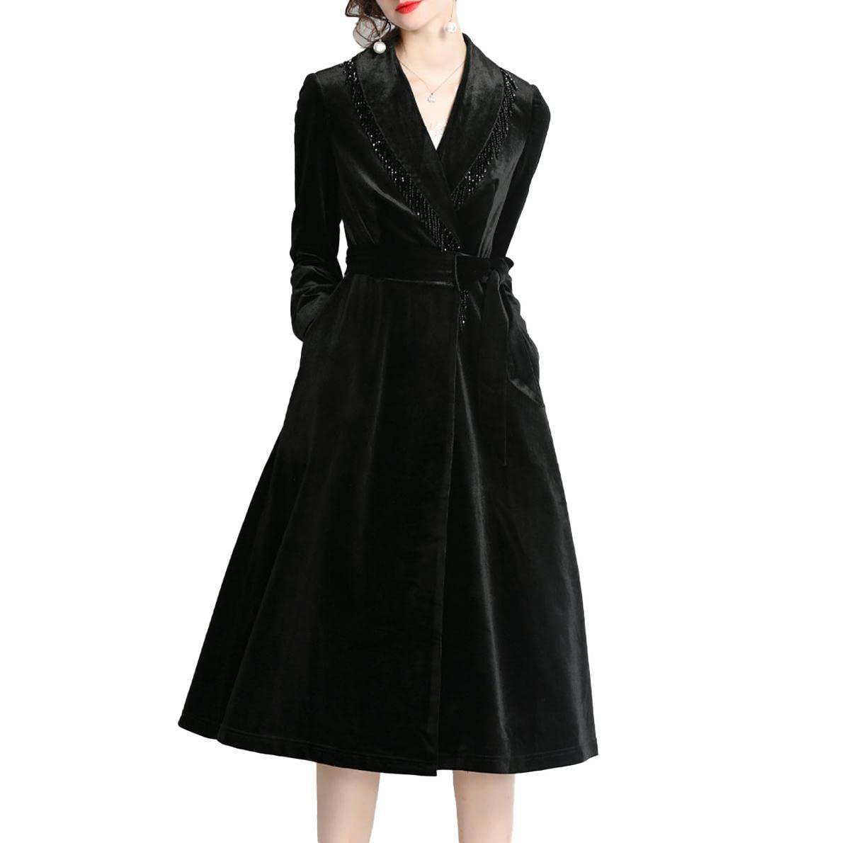 Women's Slim Wool Blend Trench Coat - Vintage Velvet Lapel Long Sleeve Pea Coat Dress for Fall Winter Fashion | Office Wear, Date Night & Special Occasions