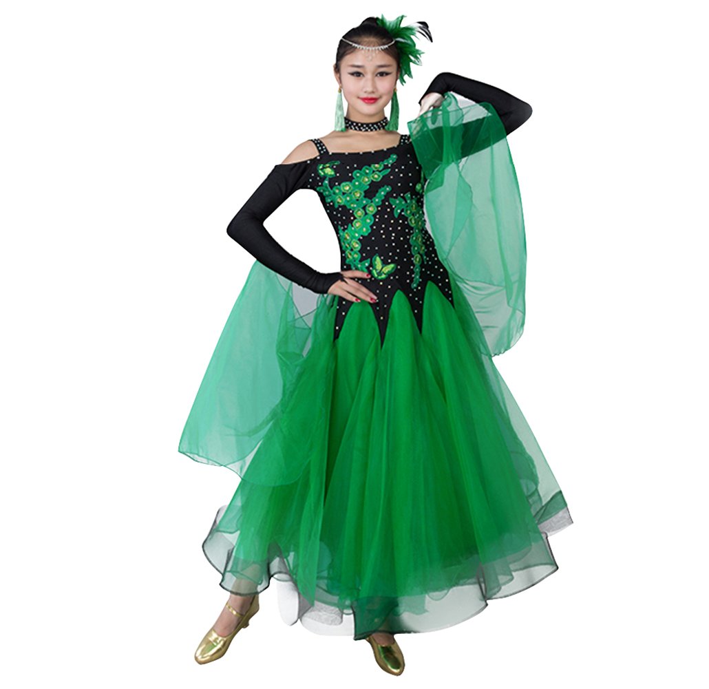 Elegant Women's Modern Waltz Tango Smooth Ballroom Dance Dress - Standard Competition Dress in Green (Size L) | Perfect for Ballroom Dancing, Latin Dance, Performances & Social Events