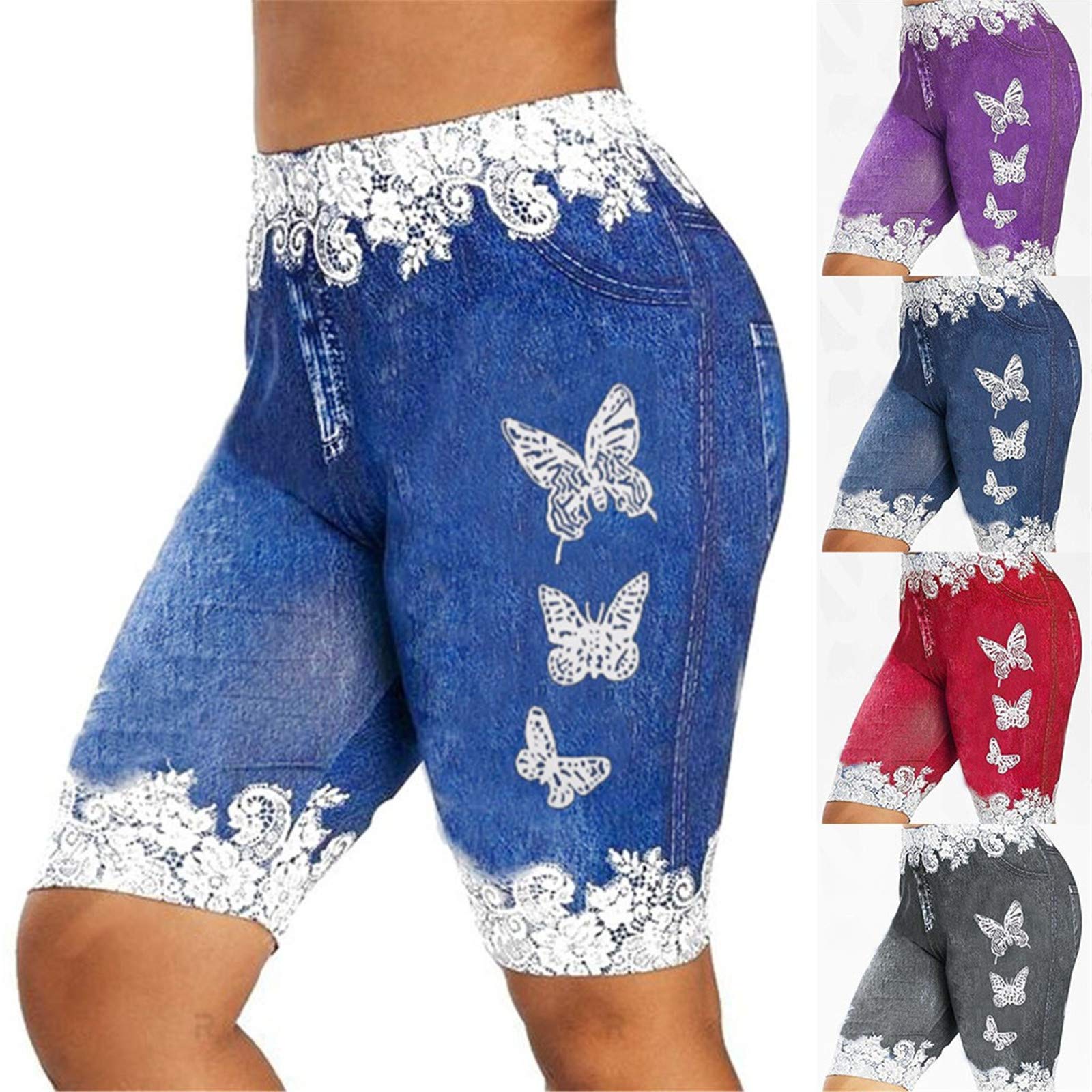 **Women's Casual Summer Shorts - Plus Size Skinny Jean Jeggings with Butterfly Print | Perfect for Beach, Travel & Everyday Wear**