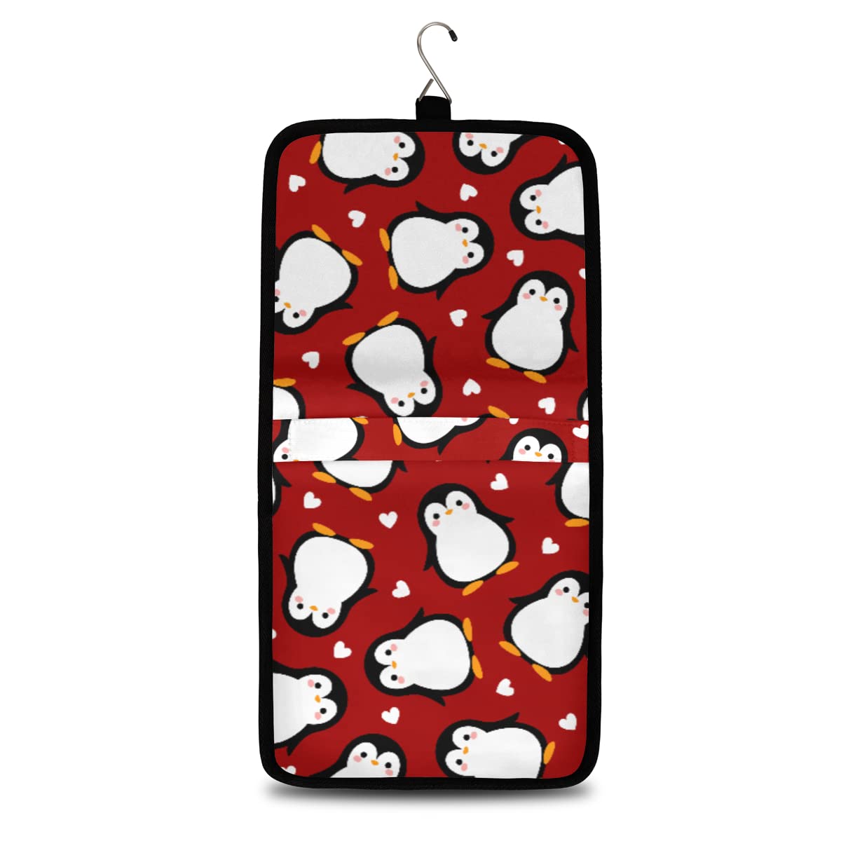 Cute Penguin & Heart Pattern Toiletry Bag - Travel Cosmetic Organizer with Hanging Hook for Makeup Brushes & Toiletries | Perfect for Women & Men | Ideal for Travel, Gym & Daily Use
