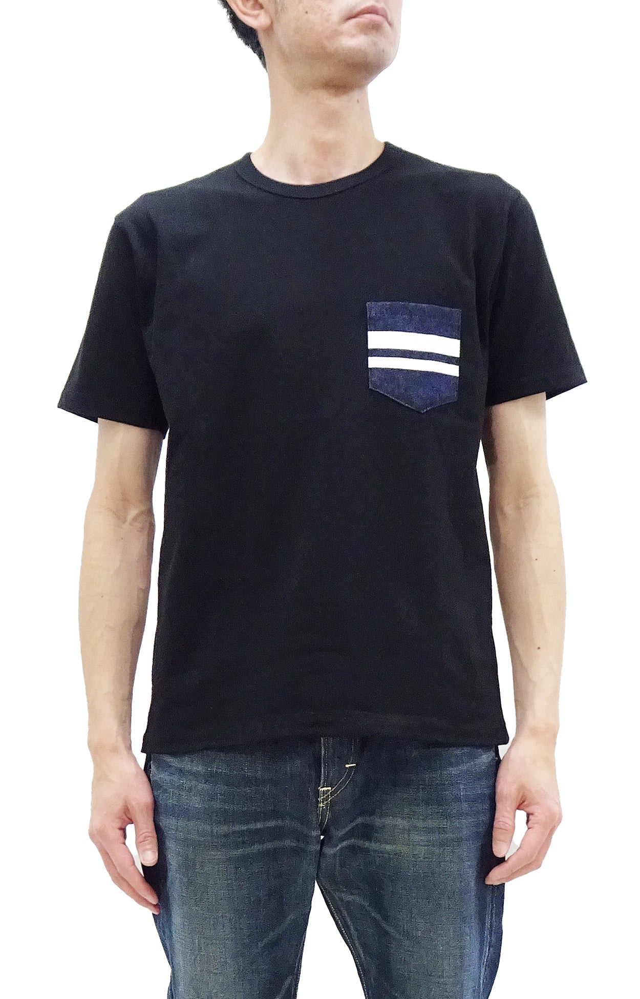 Momotaro Jeans Men's Casual Short Sleeve Pocket T-Shirt with GTB Striped Denim Detail - Black MZTS0003 | Perfect for Everyday Wear, Street Style & Casual Outfits