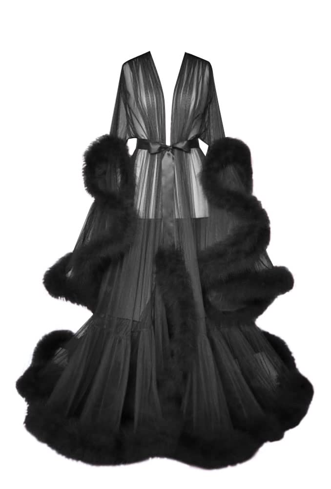 Vintage Hollywood Feather Bridal Robes for Women - Elegant Long Wedding Scarf, Nightgown & Bathrobe - Soft Tulle Lingerie Robe with Belt for Bridal Shower, Honeymoon & Special Occasions