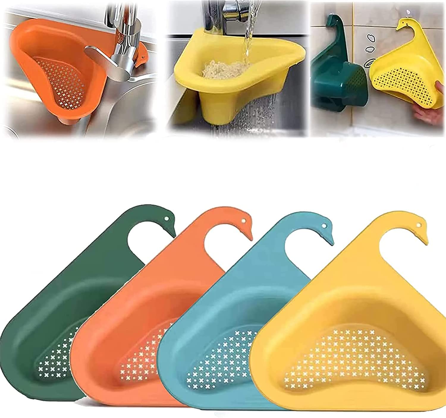 Swan-Shaped Triangular Sink Drain Shelf & Strainer Basket - Kitchen Sink Organizer with Corner Design - Universal Fit for All Sinks - Perfect for Fruits, Vegetables & Dishwashing (1 Set)