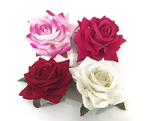 ANVIK 4-Pack Artificial Rose Hair Clips for Women & Girls - Red, Dark Pink, Light Pink & White Hair Accessories - Perfect for Weddings, Parties & Everyday Styling