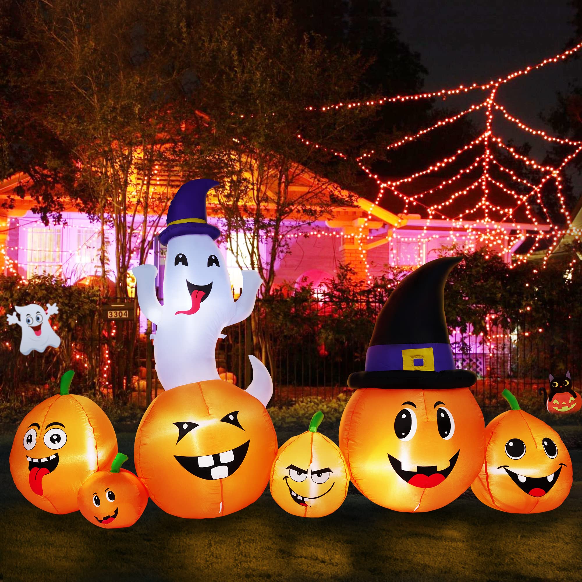 HOOJO 8 FT Halloween Inflatable Pumpkin Ghost with LED Lights - Outdoor Halloween Decorations for Yard, Lawn, Garden - Perfect for Spooky Halloween Party Decor & Haunted House Themes