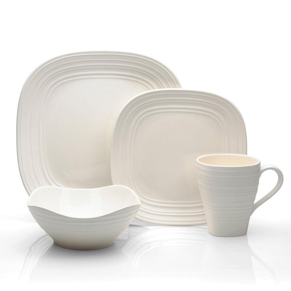 Swirl White Square 4-Piece Dinner Plate Set - Elegant Square Plates for Modern Dining, Wedding Registry & Home Decor