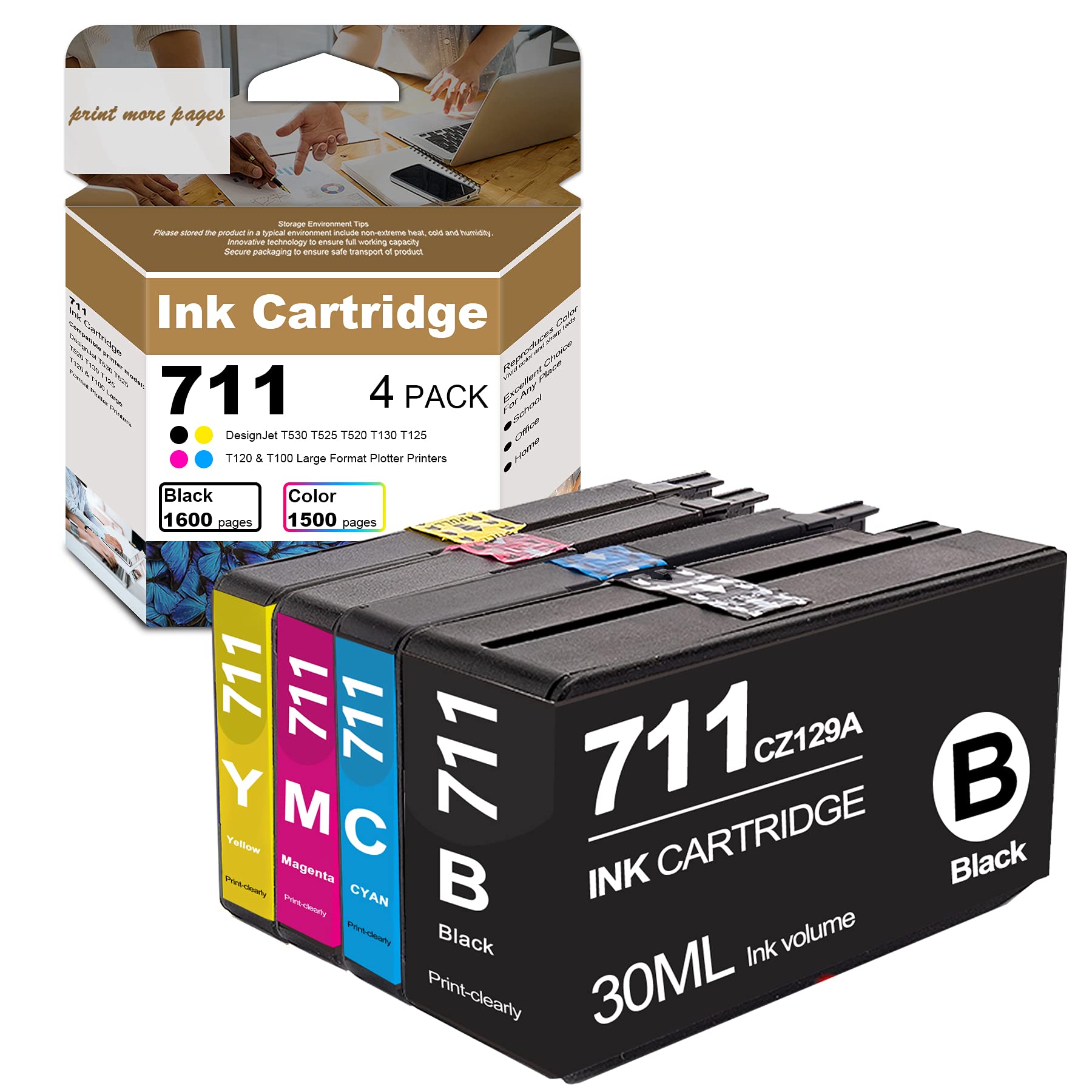 4-Pack HP DesignJet T530/T130 Ink Cartridges - CZ129A CZ130A CZ131A CZ132A Compatible - for Large Format Plotters & CAD Printing