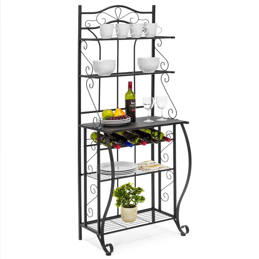 5-Tier Metal Kitchen Rack with Microwave Stand & Wine Storage - Space-Saving Utility Shelf for Kitchen, Pantry, and Home Organization