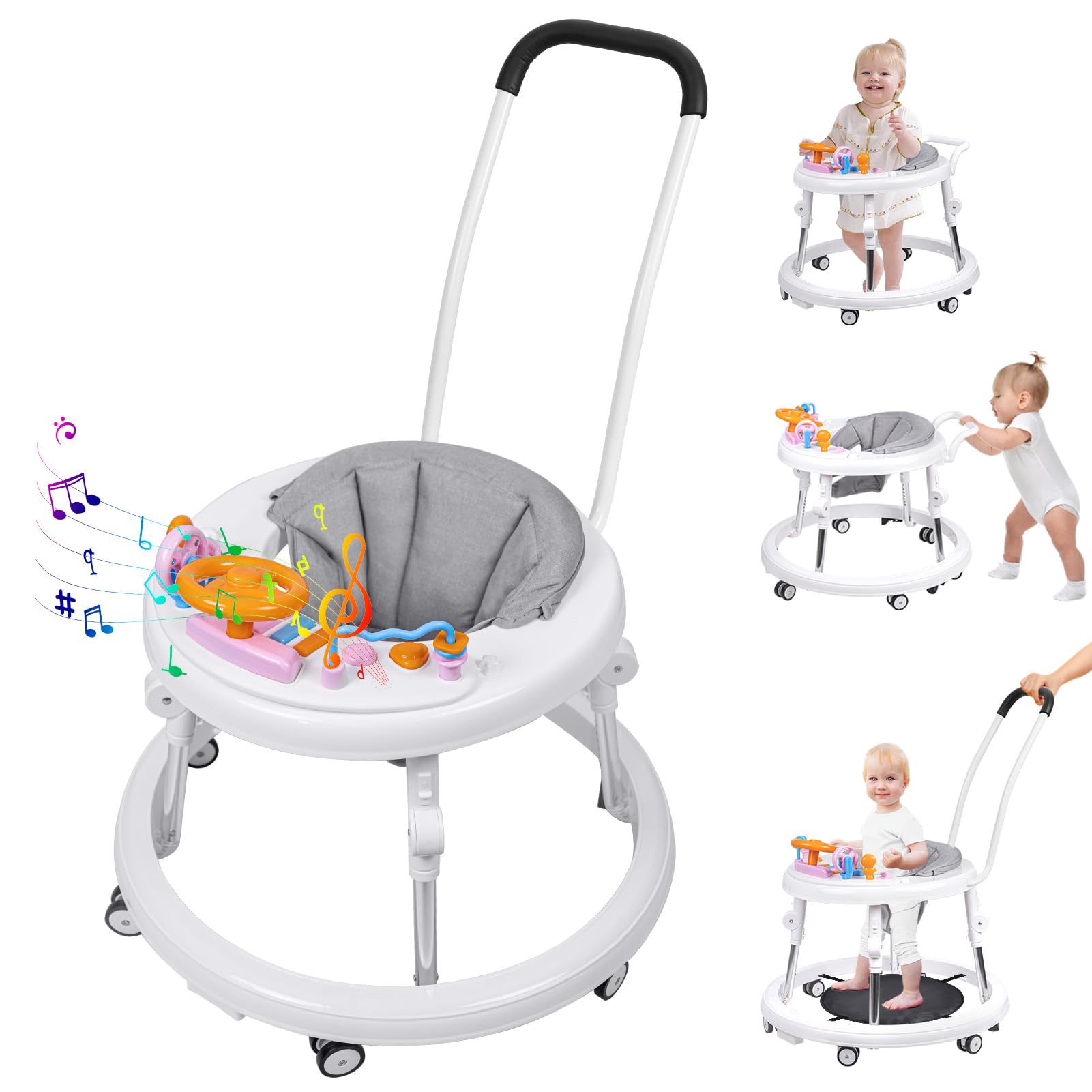 Foldable 9-Speed Adjustable Baby Walker with Wheels & Music - Anti-Fall Infant Activity Center with Foot Pads for Boys & Girls 6-24 Months | Perfect for Learning to Walk & Indoor Playtime