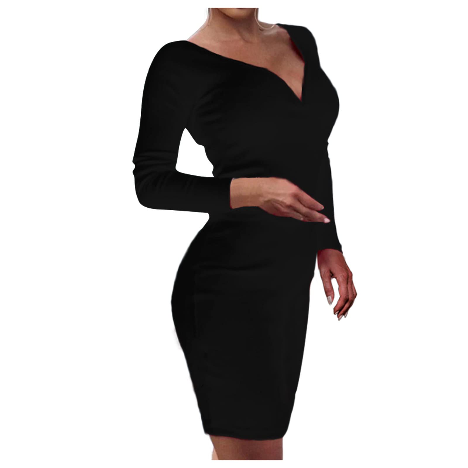 KASAAS Women's Casual Solid Color Deep V-Neck Long Sleeve Elegant Dress - Sexy Hip-Hugging Midi Skirt for Party, Date Night & Office Wear (Black, XXL)