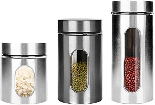 3-Piece Airtight Stainless Steel Food Storage Jars with Glass Window & Lids - 21oz, 35oz, 46oz Kitchen Canister Set for Tea, Coffee, Sugar, Snacks - Perfect for Pantry Organization & Countertop Display