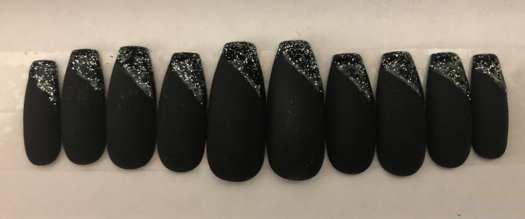 LOOK NAILS Black Matte Press On Nails with Glitter Accent - Reusable False Nails with Sparkly Loose Powder for Eye Shadow, Nail Art & Lip Gloss - Perfect for Parties, Weddings & Special Occasions