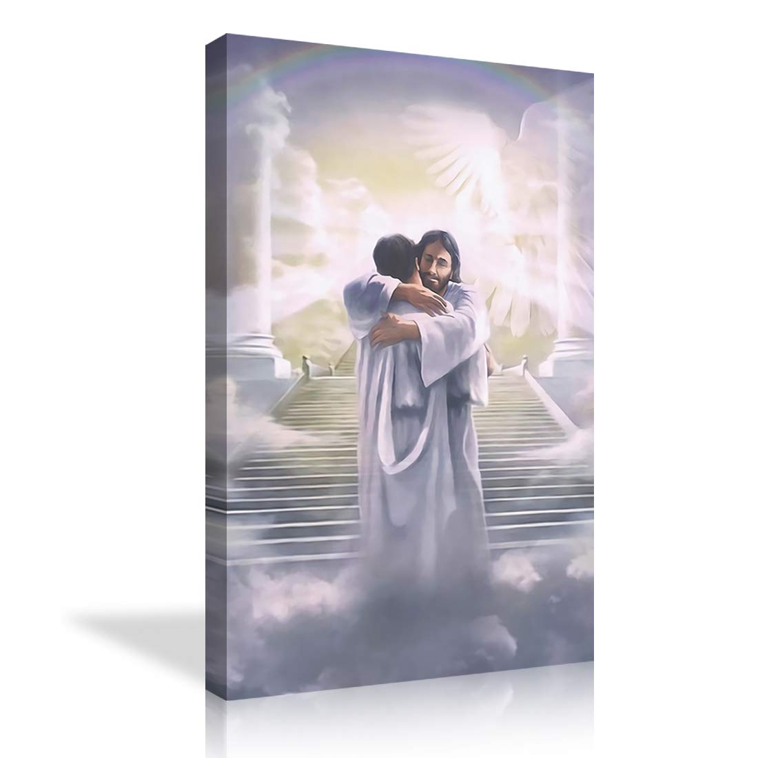 AMEMNY Jesus Christ Welcome Home Hug Wall Art - Framed Canvas Painting for Living Room, Nursery, Bedroom Decor - Ready to Hang (28x44 inches) - Perfect for Christian Home Decor & Gift Giving