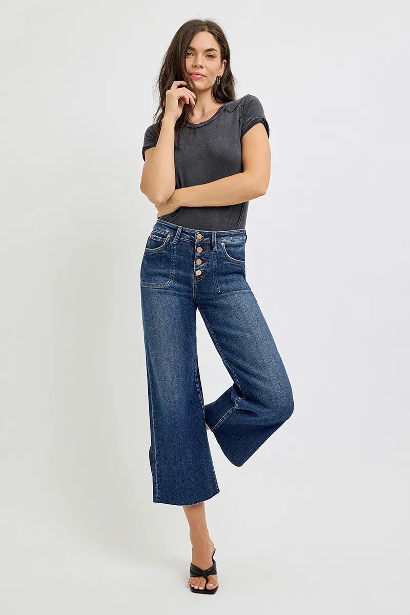 RISEN High Rise Crop Wide Leg Button Up Jeans for Women - Trendy Distressed Denim Pants for Casual Outfits & Street Style Fashion