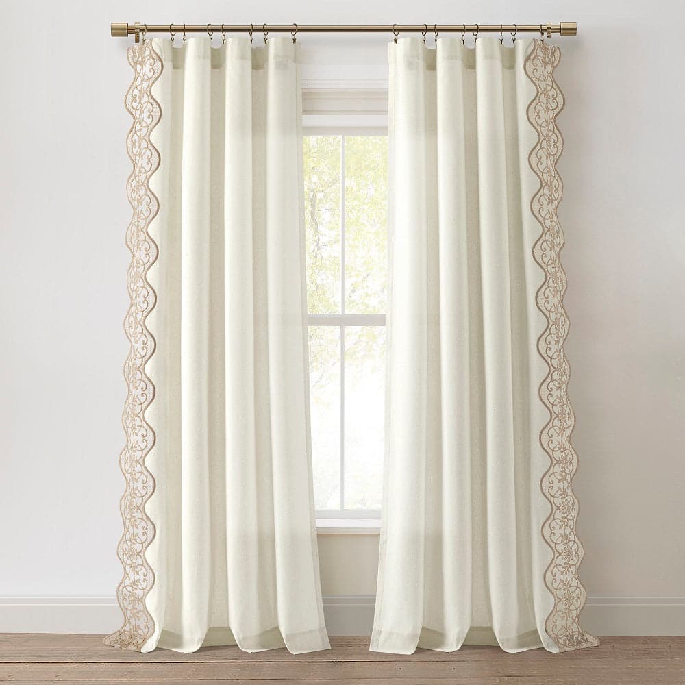 Elegant Scalloped Edge Lace Border Window Curtain Panel - Sheer Voile Drapes for Living Room, Bedroom & Nursery - Light Filtering Privacy Window Treatment