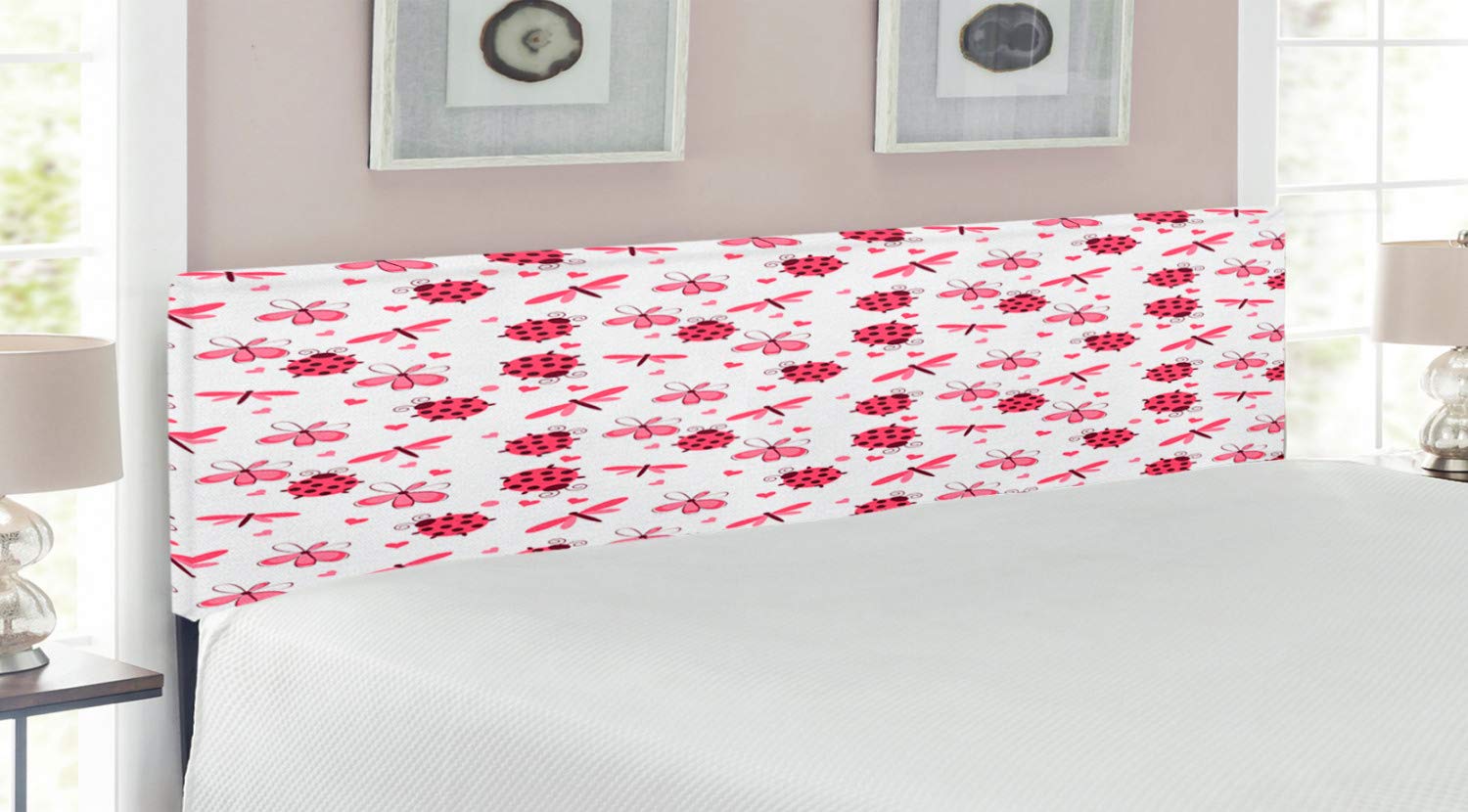 Ambesonne Ladybugs Upholstered Metal Headboard - Romantic Wings Pattern with Hearts, Flowers & Dragonflies, King Size, Red & White - Perfect for Bedroom Decor, Guest Rooms & Cozy Master Suites