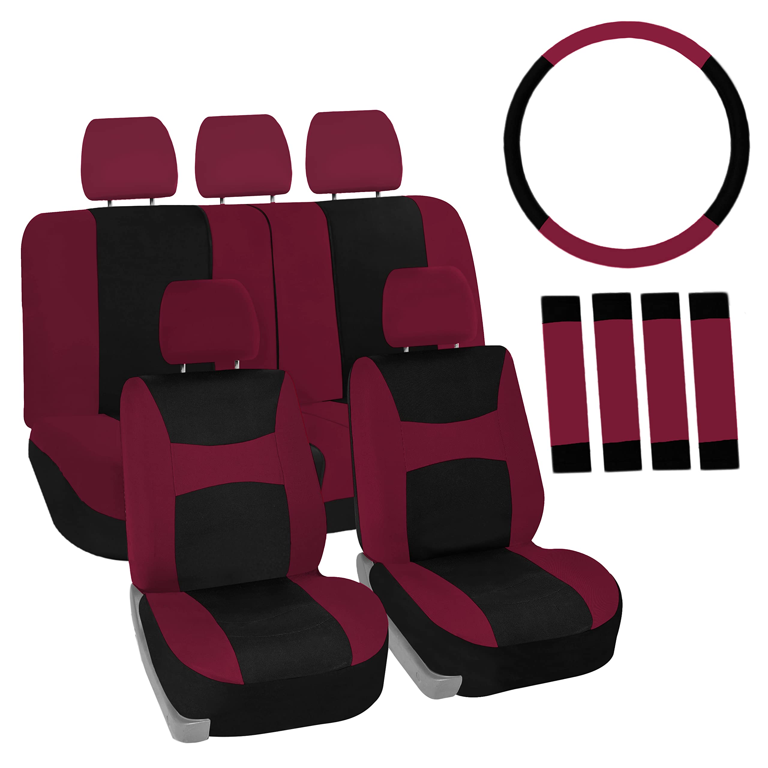 TLH Light & Breezy Flat Cloth Car Seat Covers Full Set - Split Bench, Airbag Compatible, Burgundy - Universal Fit for Cars, Trucks & SUVs | Seat Protector & Interior Accessories for Comfort & Style