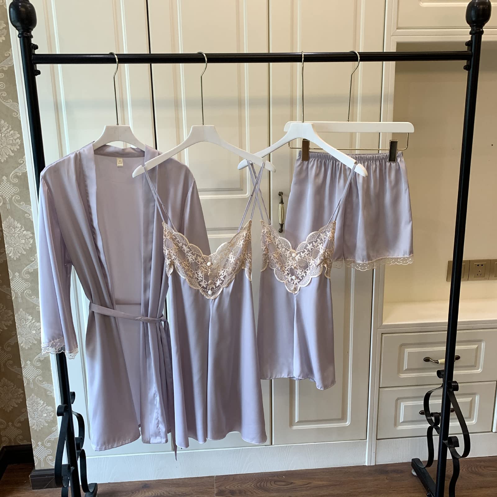 Luxury Women's Silk Satin Pajama Set - 4 Piece Lace Trim Sleepwear with Adjustable Camisole & Shorts - Light Purple XL - Summer Nightwear for Home Relaxation & Bridal Shower Gift