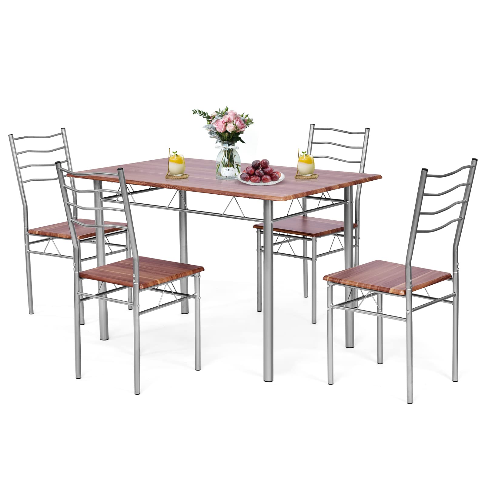 COSTWAY 5-Piece Modern Dining Table Set with Metal Frame & Anti-Slip Pads, 4 High-Back Chairs - Natural Wood Kitchen & Restaurant Furniture for Home, Cafe, and Office Use