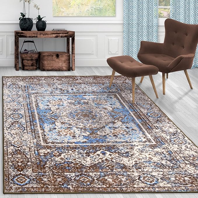 Ezra Traditional Medallion Non-Slip Washable Indoor Area Rug - Perfect for Living Room, Bedroom & Home Decor