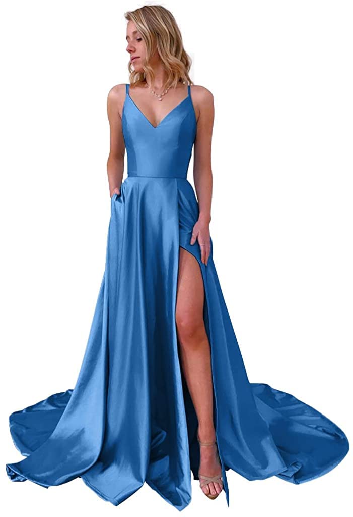 BOLENSYE Women's Elegant Spaghetti Strap Prom Dress with Thigh High Slit & Pockets - Formal Evening Gown for Homecoming, Cocktail Party & Special Occasions