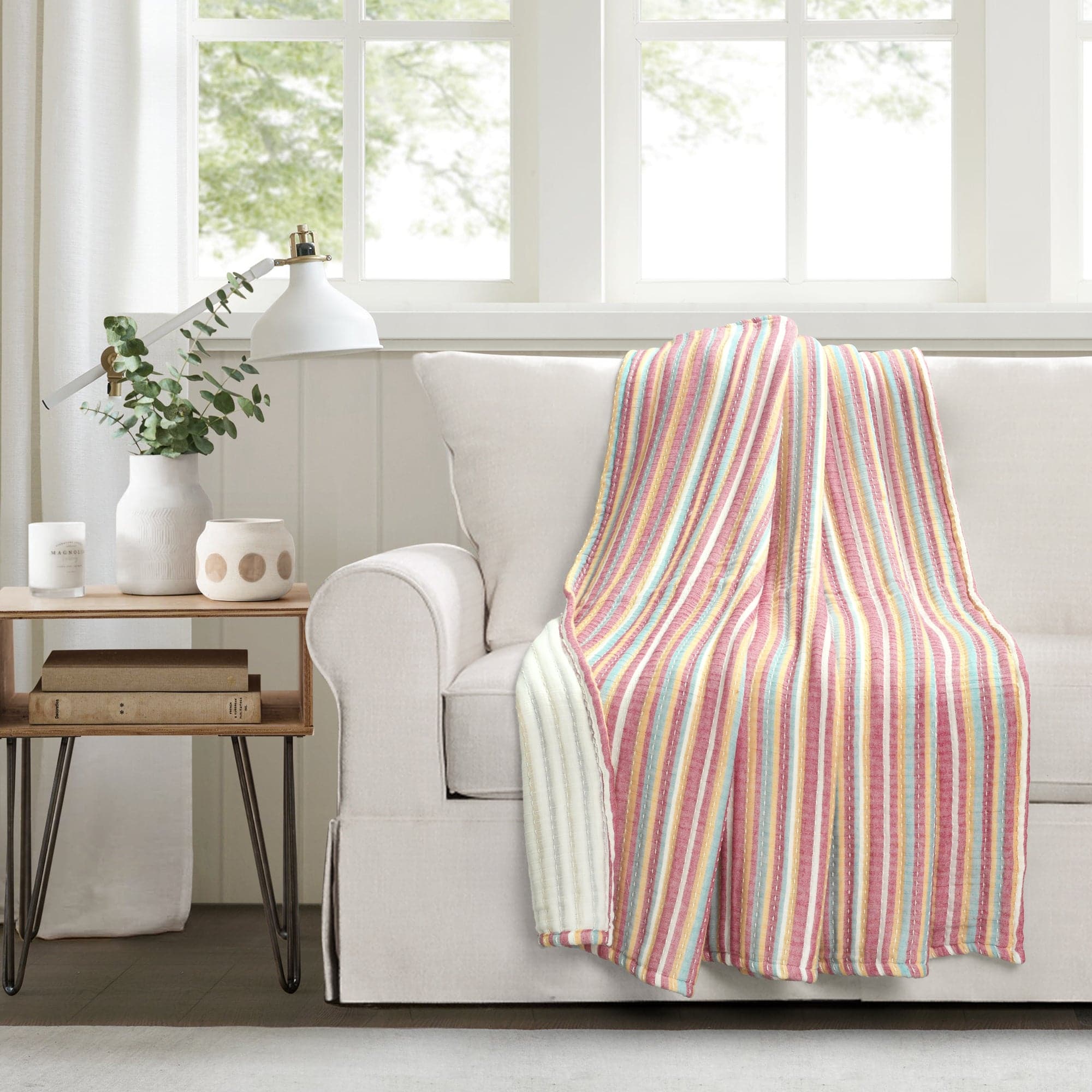 Tracy Stripe Kantha Handwoven Cotton Throw Blanket - Yarn Dyed, Pick Stitch Detail - Perfect for Sofa, Bed & Cozy Home Decor