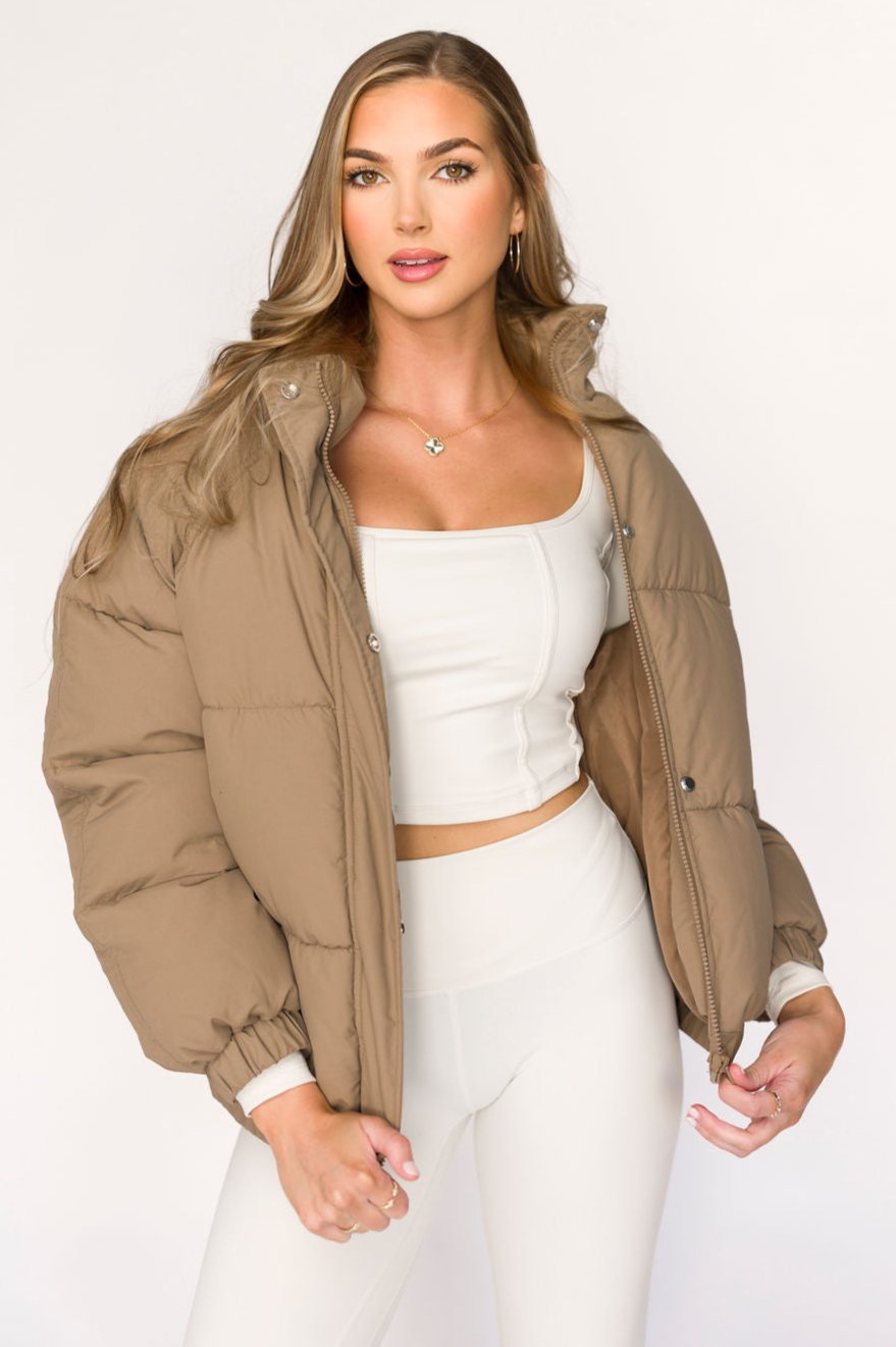 Khaki Jasmine Oversized Puffer Jacket - Women's Winter Coat for Cold Weather, Streetwear Fashion & Outdoor Activities
