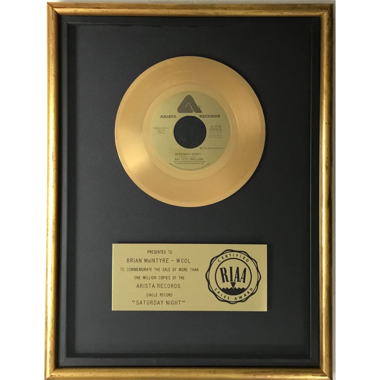 Bay City Rollers Saturday Night RIAA Gold 45 Award - Vintage Music Collectible for Fans & Display