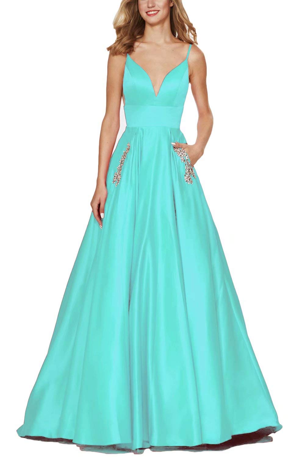 Sexy V Neck Prom Dress with Rhinestones - Elegant Satin Formal Evening Gown with Pockets & Spaghetti Straps for Homecoming, Wedding, Cocktail Party