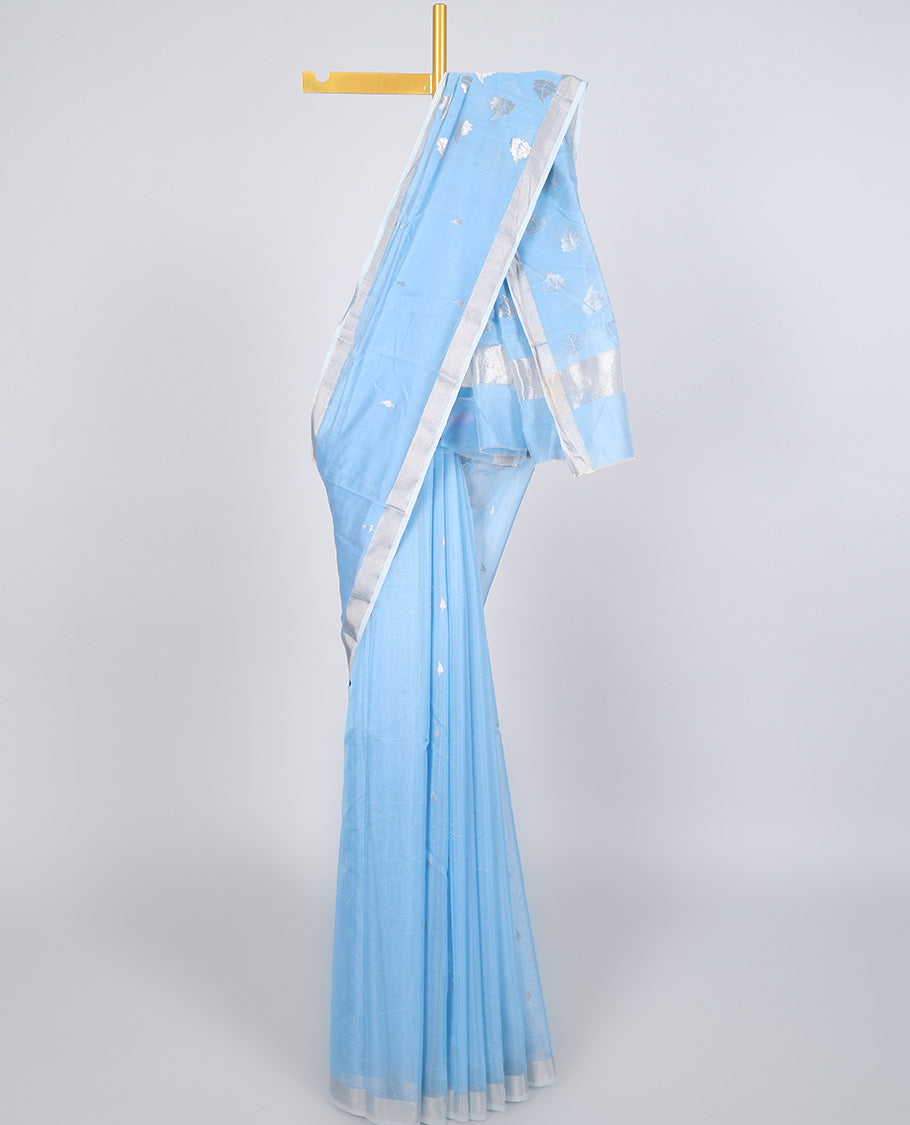 Handmade Blue Chanderi Cotton Saree with Buttas Embroidery, Self Border & Leaf Design Pallu - Perfect for Weddings, Parties & Traditional Occasions