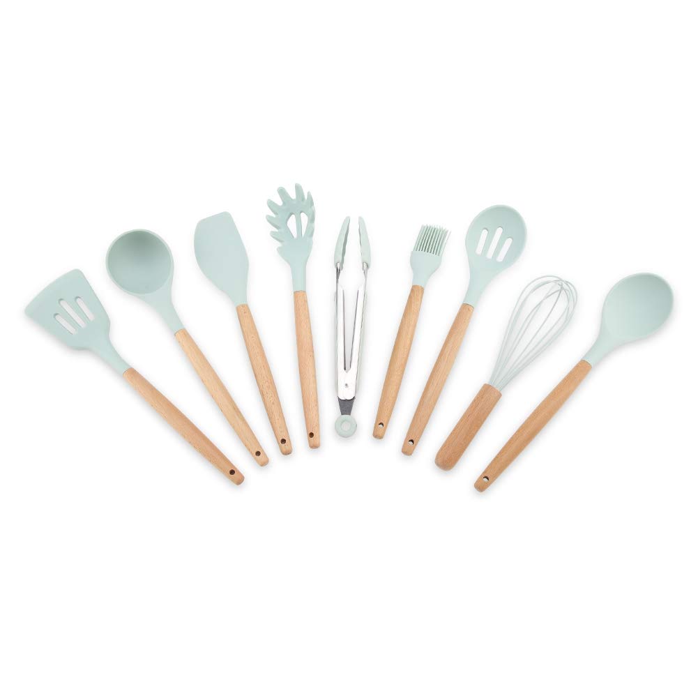 Silicone Cooking Utensils Set, 9PCS Kitchen Tools with Wooden Handles, Durable Blue Kitchenware for Baking, Frying, and Stirring