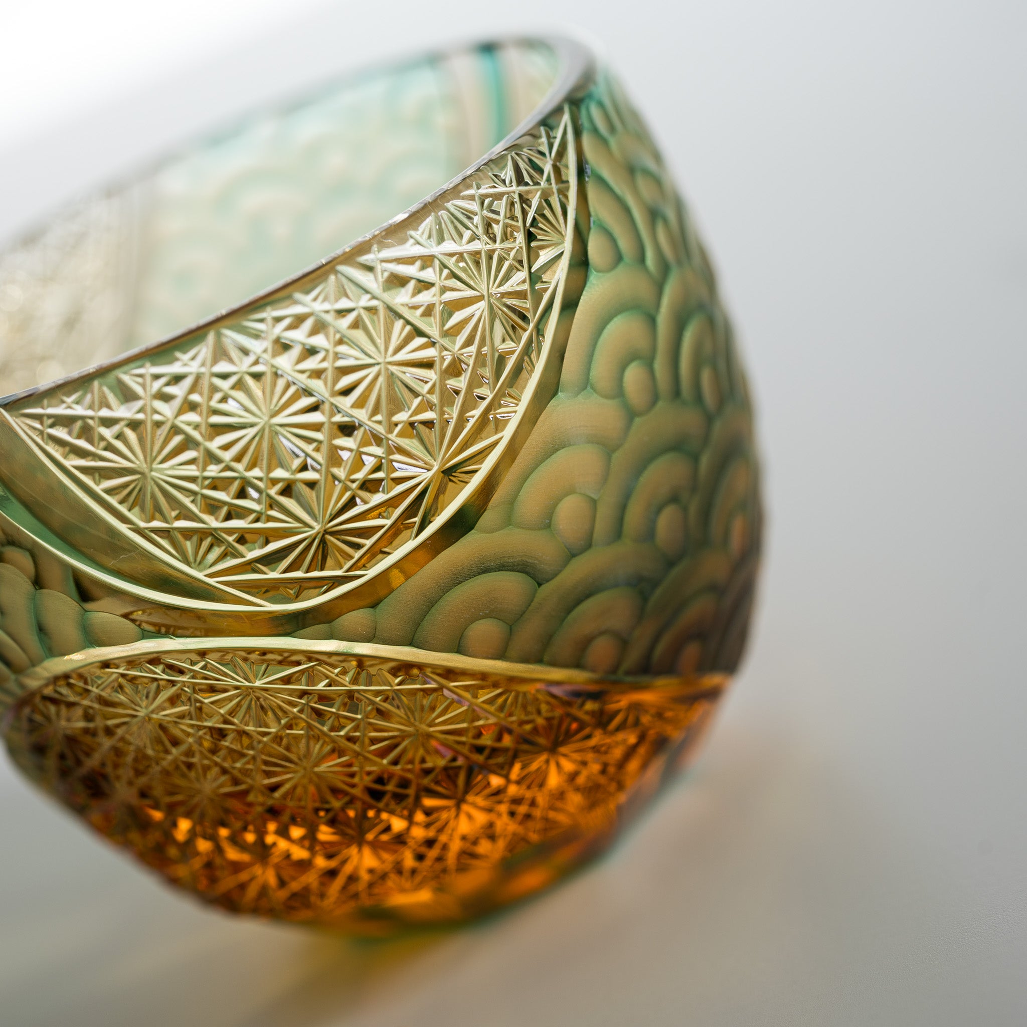 Yamada Glass Crystal Sake Cups - Handcrafted Wave Design Amber Green Japanese Drinking Glasses for Sake, Whiskey & Cocktails - Perfect for Home Bar, Dinner Parties & Gift Giving