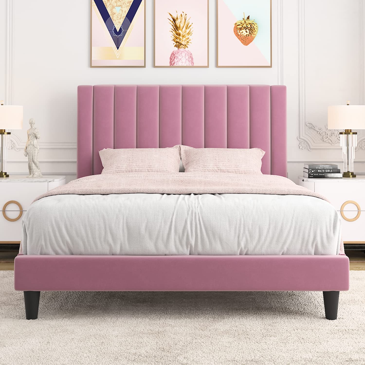 Allewie Full Size Velvet Upholstered Platform Bed Frame with Channel Tufted Headboard - Sturdy Wood Slat Support, No Box Spring Needed, Easy Assembly in Pink | Perfect for Modern Bedrooms, Guest Rooms & Small Spaces