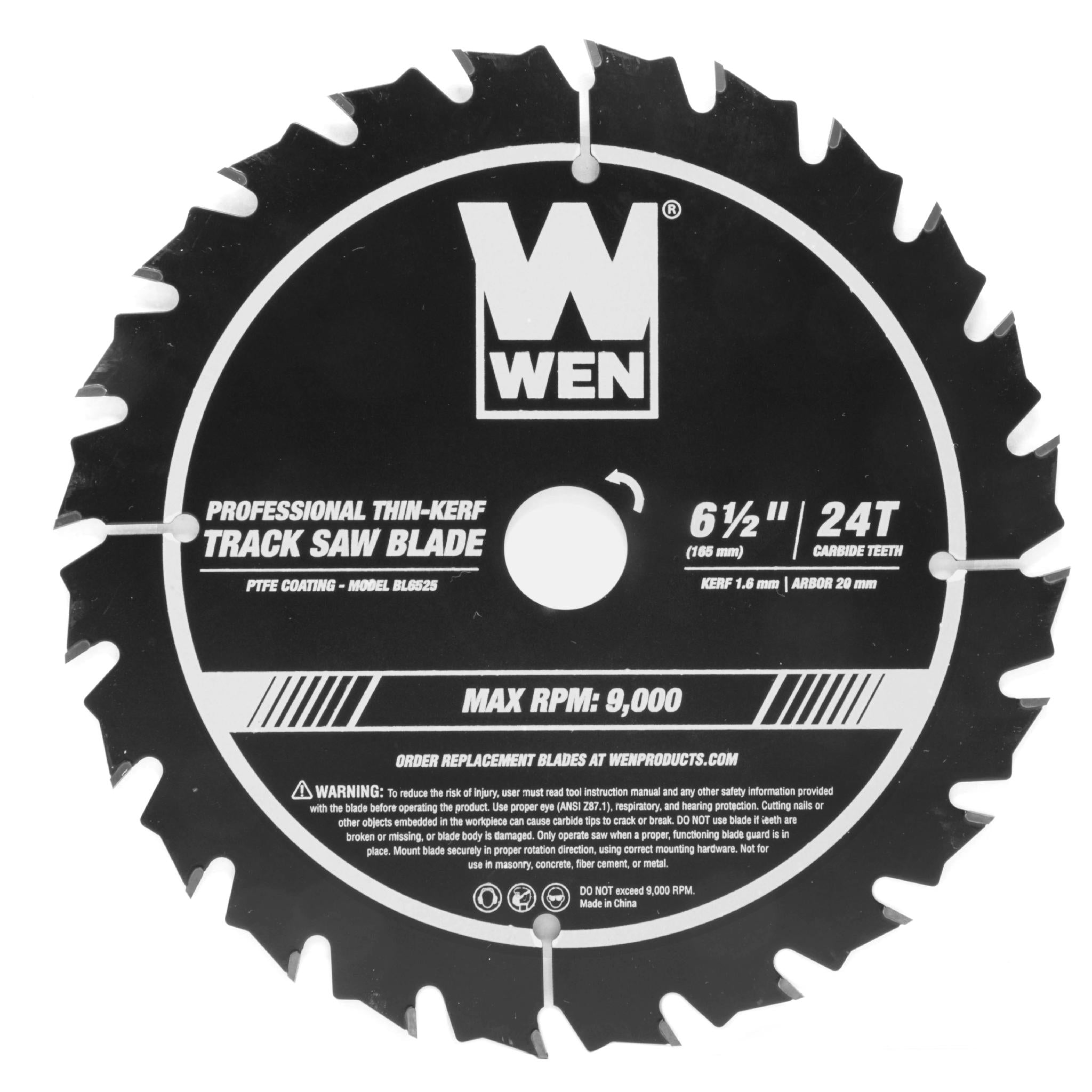 WEN BL6525 6.5 Inch 24-Tooth Carbide Tipped Thin Kerf Professional Track Saw Blade with PTFE Coating - Perfect for Woodworking, Plywood Cutting, and DIY Projects